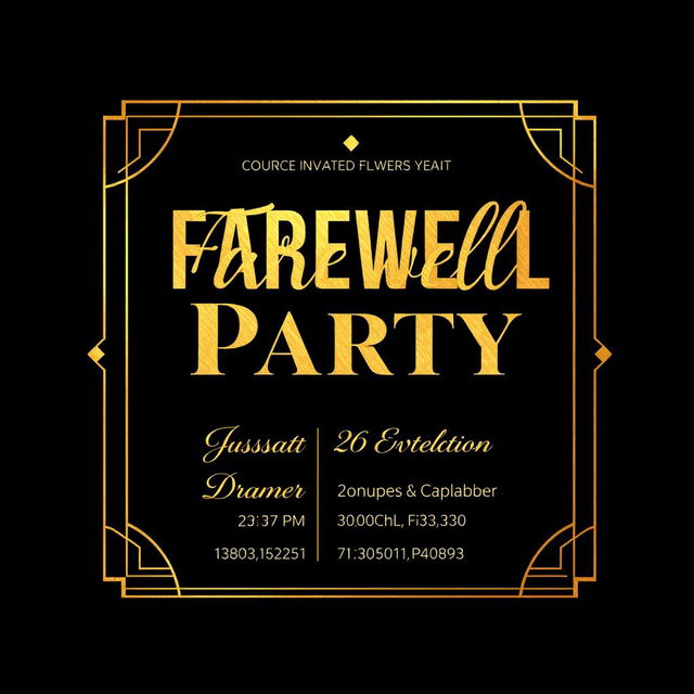 A striking invitation card designed in a black and gold color scheme, featuring luxurious gold foil lettering that reads 'Farewell Party'