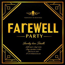 A striking invitation card designed in a black and gold color scheme, featuring luxurious gold foil lettering that reads 'Farewell Party'
