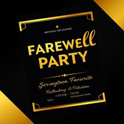 A striking invitation card designed in a black and gold color scheme, featuring luxurious gold foil lettering that reads 'Farewell Party'