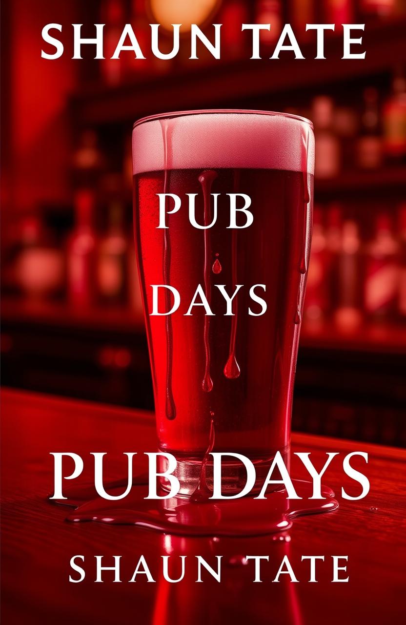 A striking book cover design for 'Pub Days' by Shaun Tate, featuring a pint glass placed prominently on a wooden bar counter