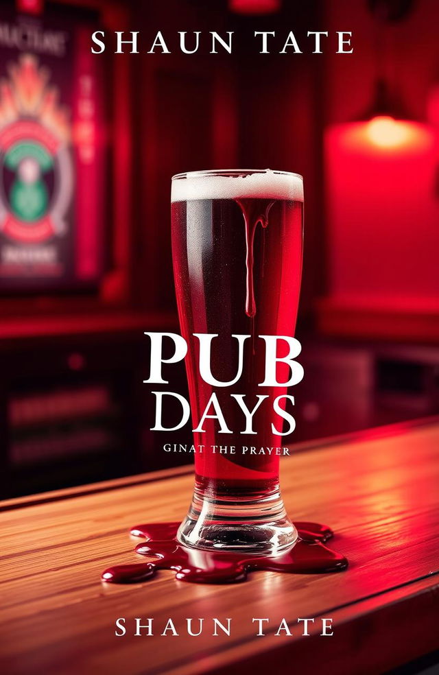 A striking book cover design for 'Pub Days' by Shaun Tate, featuring a pint glass placed prominently on a wooden bar counter