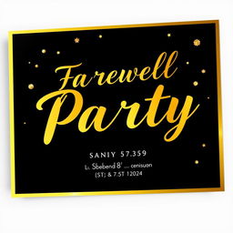 An elegant invitation card designed in a striking black and gold color scheme, featuring bold gold lettering that states 'Farewell Party'