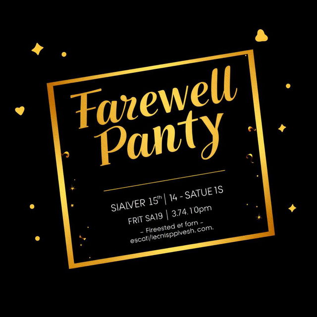 An elegant invitation card designed in a striking black and gold color scheme, featuring bold gold lettering that states 'Farewell Party'