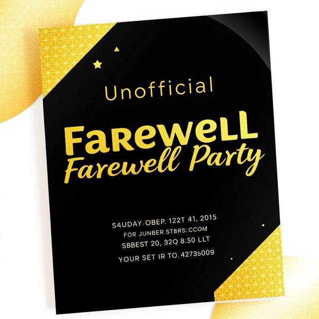 An eye-catching invitation card designed in a black and gold color palette that reads 'Unofficial Farewell Party' in bold, stylish gold lettering