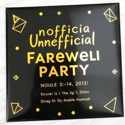 An eye-catching invitation card designed in a black and gold color palette that reads 'Unofficial Farewell Party' in bold, stylish gold lettering