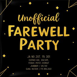 An eye-catching invitation card designed in a black and gold color palette that reads 'Unofficial Farewell Party' in bold, stylish gold lettering