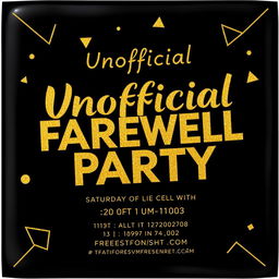 An eye-catching invitation card designed in a black and gold color palette that reads 'Unofficial Farewell Party' in bold, stylish gold lettering