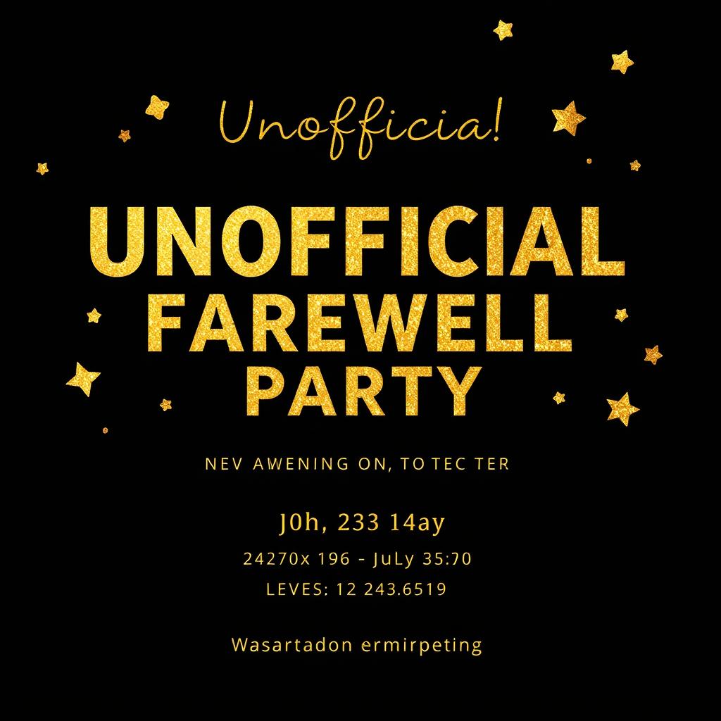 A stylish invitation card featuring a black and gold color scheme, prominently displaying 'Unofficial Farewell Party' in bold, eye-catching gold lettering