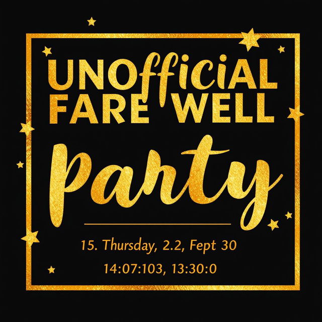 A stylish invitation card featuring a black and gold color scheme, prominently displaying 'Unofficial Farewell Party' in bold, eye-catching gold lettering