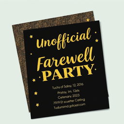 A stylish invitation card featuring a black and gold color scheme, prominently displaying 'Unofficial Farewell Party' in bold, eye-catching gold lettering