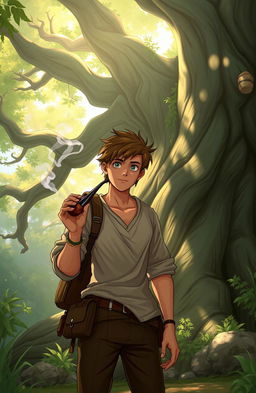 A character named Omen, a young man with rugged features and an adventurous spirit, stands casually next to a giant ancient tree with a massive, gnarled trunk and sprawling branches