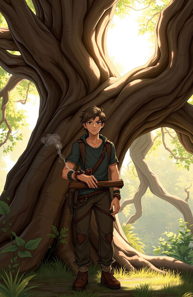 A character named Omen, a young man with rugged features and an adventurous spirit, stands casually next to a giant ancient tree with a massive, gnarled trunk and sprawling branches