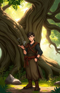 A character named Omen, a young man with rugged features and an adventurous spirit, stands casually next to a giant ancient tree with a massive, gnarled trunk and sprawling branches