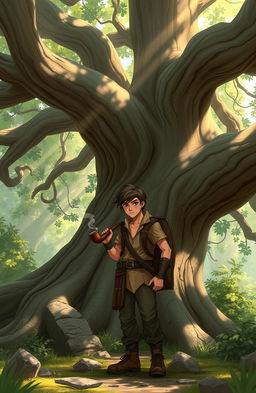 A character named Omen, a young man with rugged features and an adventurous spirit, stands casually next to a giant ancient tree with a massive, gnarled trunk and sprawling branches