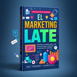 A book cover design for 'El Marketing Late' by Msc Yobanny Carrillo, focused on advertising, marketing, sales, and social media in pharmaceutical and medical marketing