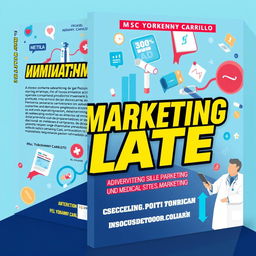 A book cover design for 'El Marketing Late' by Msc Yobanny Carrillo, focused on advertising, marketing, sales, and social media in pharmaceutical and medical marketing