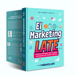A book cover design for 'El Marketing Late' by Msc Yobanny Carrillo, focused on advertising, marketing, sales, and social media in pharmaceutical and medical marketing