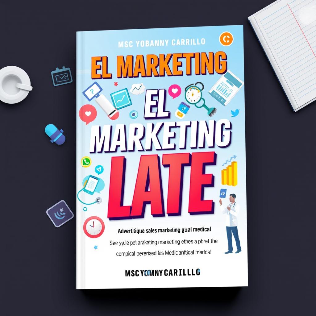 A book cover design for 'El Marketing Late' by Msc Yobanny Carrillo, focused on advertising, marketing, sales, and social media in pharmaceutical and medical marketing