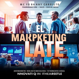 A movie poster for 'El Marketing Late' featuring Msc Yobanny Carrillo, centered on advertising, marketing, sales, and social media within the pharmaceutical and medical industries