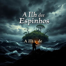 A captivating book cover design for 'A Ilha de Espinhos', depicting a mysterious island surrounded by dark, turbulent waters