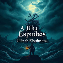 A captivating book cover design for 'A Ilha de Espinhos', depicting a mysterious island surrounded by dark, turbulent waters