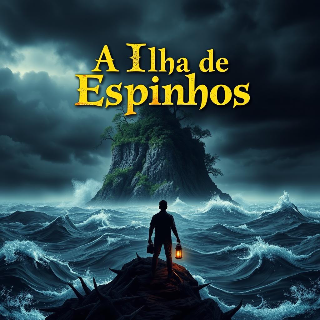 A captivating book cover design for 'A Ilha de Espinhos', depicting a mysterious island surrounded by dark, turbulent waters