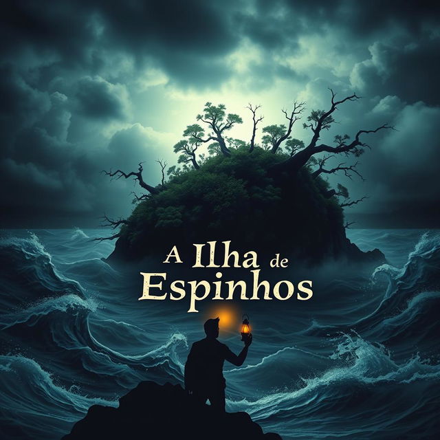 A captivating book cover design for 'A Ilha de Espinhos', depicting a mysterious island surrounded by dark, turbulent waters