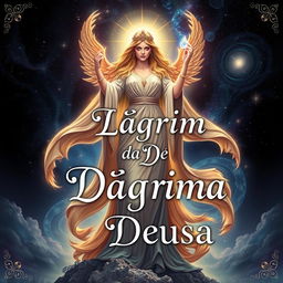 A captivating book cover design for 'A Lágrima da Deusa', depicting a goddess standing majestically in a celestial realm
