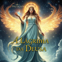 A captivating book cover design for 'A Lágrima da Deusa', depicting a goddess standing majestically in a celestial realm