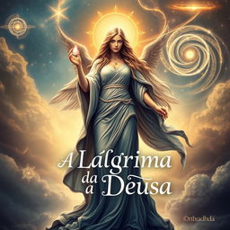 A captivating book cover design for 'A Lágrima da Deusa', depicting a goddess standing majestically in a celestial realm