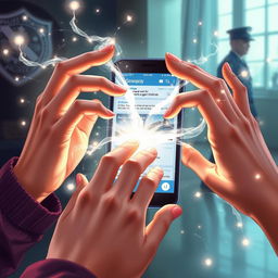 A realistic and magical illustration showing two hands gracefully manipulating shimmering streams of magic flowing in front of a modern mobile phone