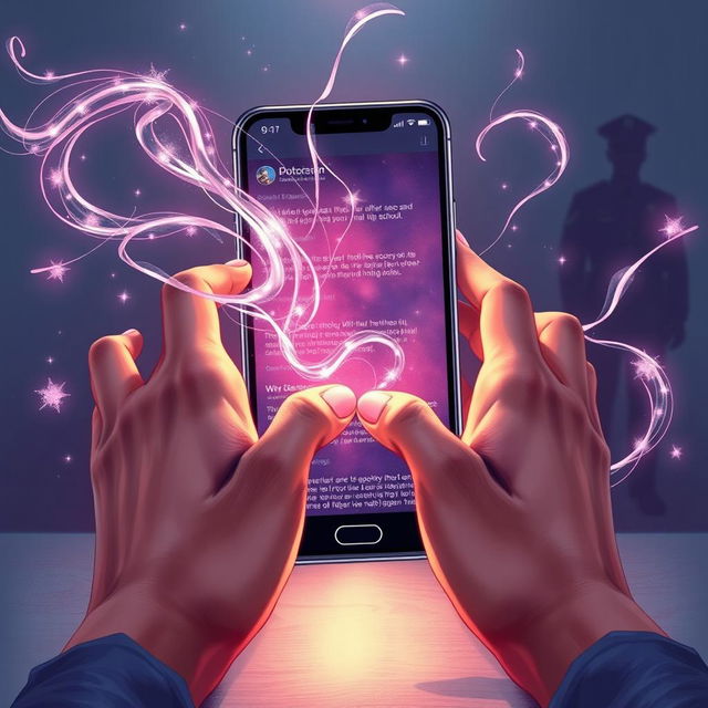 A realistic and magical illustration showing two hands gracefully manipulating shimmering streams of magic flowing in front of a modern mobile phone