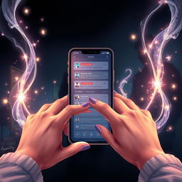 A realistic and magical illustration showing two hands gracefully manipulating shimmering streams of magic flowing in front of a modern mobile phone