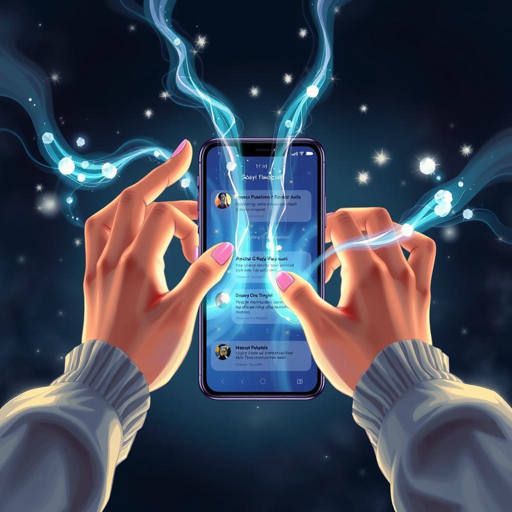 A realistic and magical illustration showing two hands gracefully manipulating shimmering streams of magic flowing in front of a modern mobile phone