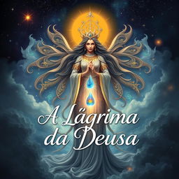 A visually stunning book cover design for 'A Lágrima da Deusa', featuring a mystical goddess with intricate, flowing robes and glowing embellishments