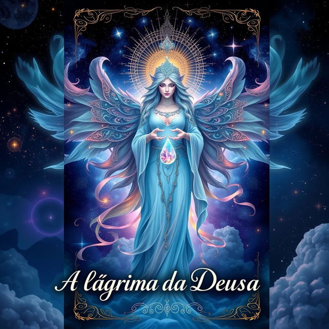 A visually stunning book cover design for 'A Lágrima da Deusa', featuring a mystical goddess with intricate, flowing robes and glowing embellishments