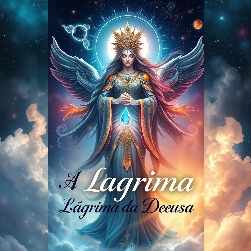 A visually stunning book cover design for 'A Lágrima da Deusa', featuring a mystical goddess with intricate, flowing robes and glowing embellishments