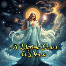 An enchanting book cover design for 'A Lágrima da Deusa', featuring a graceful goddess with flowing, luminescent robes standing amidst a surreal, celestial landscape