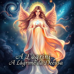 An enchanting book cover design for 'A Lágrima da Deusa', featuring a graceful goddess with flowing, luminescent robes standing amidst a surreal, celestial landscape