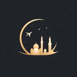 Design a logo for a travel company featuring an airplane and the Masjid Nabawi. The background should be black with a gold font.