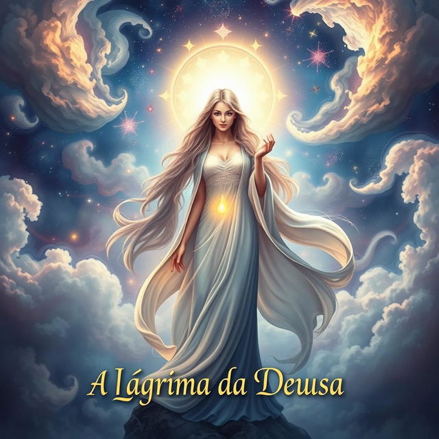 An enchanting book cover design for 'A Lágrima da Deusa', featuring a graceful goddess with flowing, luminescent robes standing amidst a surreal, celestial landscape