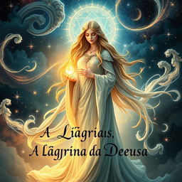 An enchanting book cover design for 'A Lágrima da Deusa', featuring a graceful goddess with flowing, luminescent robes standing amidst a surreal, celestial landscape