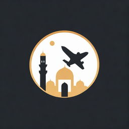 Design a logo for a travel company featuring an airplane and the Masjid Nabawi. The background should be black with a gold font.