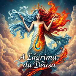 An enchanting book cover design for 'A Lágrima da Deusa', featuring a powerful goddess embodying the elements of fire and water