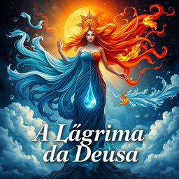 An enchanting book cover design for 'A Lágrima da Deusa', featuring a powerful goddess embodying the elements of fire and water