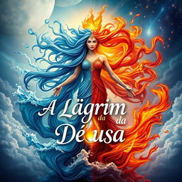 An enchanting book cover design for 'A Lágrima da Deusa', featuring a powerful goddess embodying the elements of fire and water