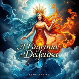 An enchanting book cover design for 'A Lágrima da Deusa', featuring a powerful goddess embodying the elements of fire and water