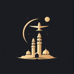 Redesign a logo for a travel company featuring an airplane, the Masjid Nabawi, and the letters 'OM'. Keep the background black and use a gold font.