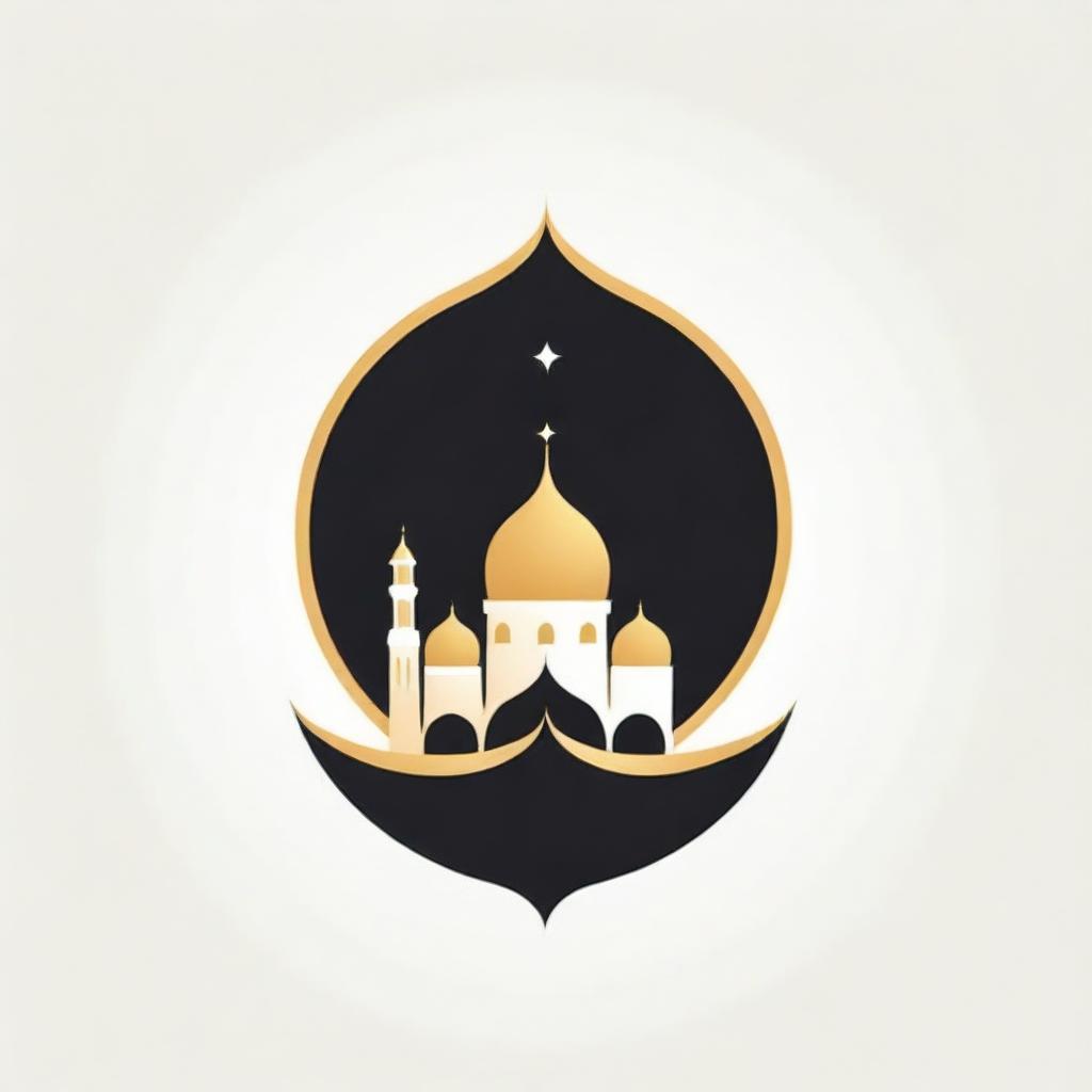 Update the logo design to be shaped as a 'M', while incorporating an airplane, the Masjid Nabawi, and the letters 'OM'. Maintain the background as black and the font as gold.