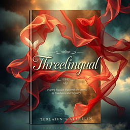 A captivating book cover design for 'Threelingual', a poetry collection that intertwines passion with mystery